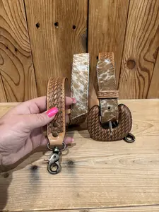 Adjustable Brown Tooled Leather & Cowhide Purse Strap!