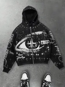 Full Sky Star Eye Print Graphic Open Cardigan Gothic Hoodie Unisex, Black and White Geometric Aesthetic Pattern Casual Sweatshirt Men, Zippered Men's Tops Sweatshirt European and American Street Style American Vintage