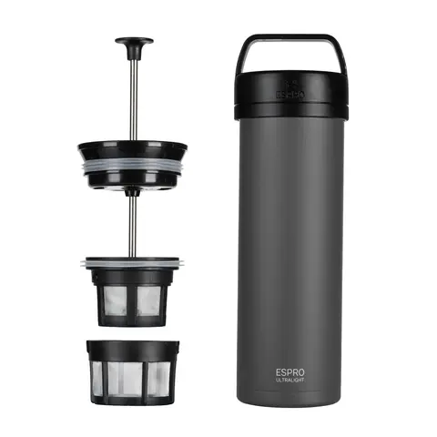 Espro P0 Ultralight Insulated Brushed Stainless Steel Camping French Press - 16 oz Compact Round Carafe Coffee Maker with Mesh Filter for Coffee, Tea
