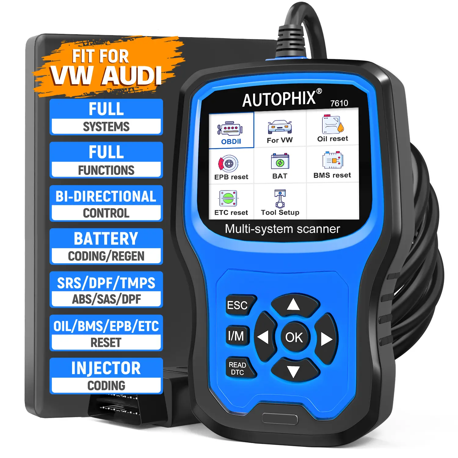 AUTOPHIX-7610 OBD2 Automotive Scanner, Full Systems Code Reader for VW, Audi Fuel Vehicles, Supports Fuel, Oil, D-P-F, ABS, SRS, ESP, Transmission System Functions, Learn & Restore Features