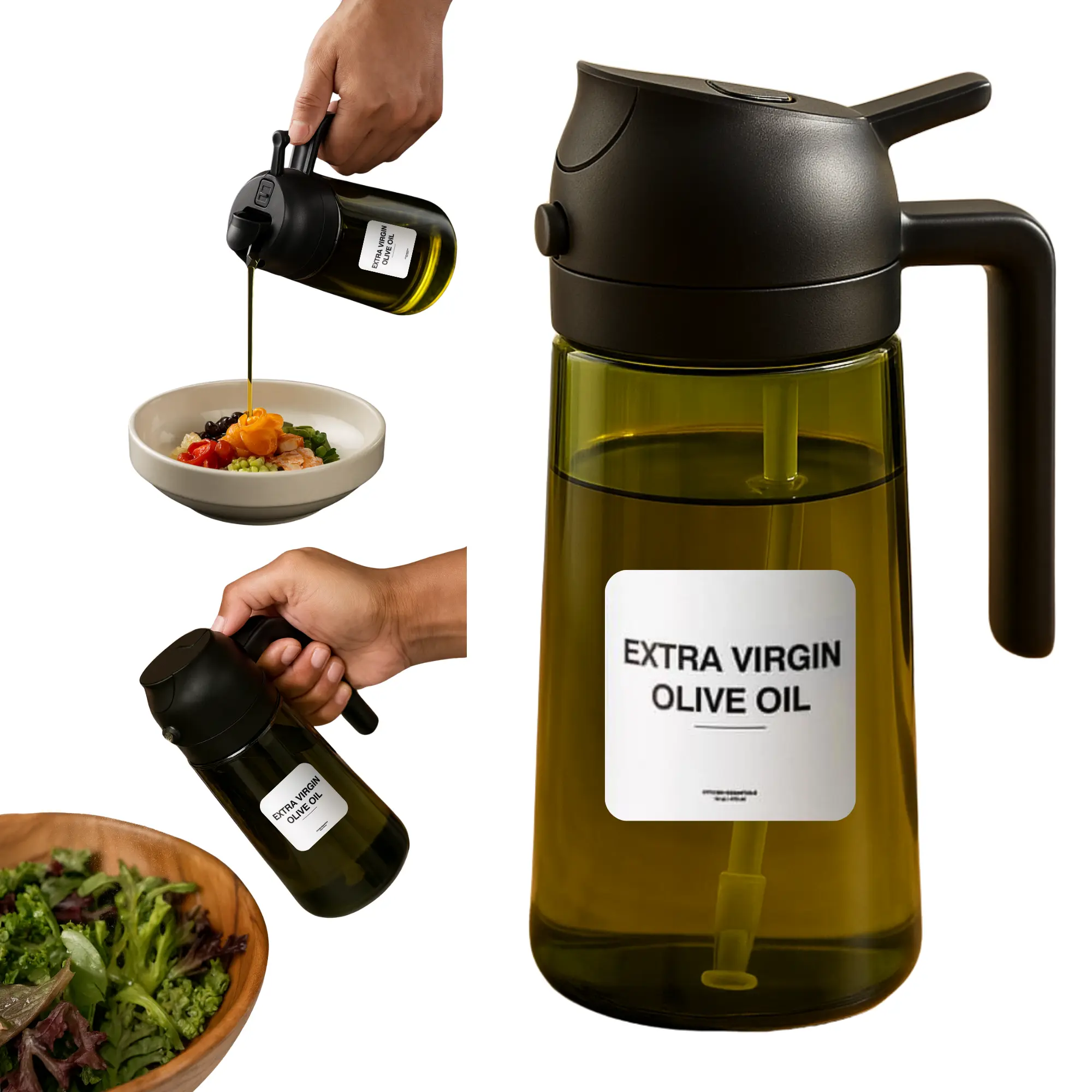 2-in-1 Modern Glass Olive Oil Dispenser Sprayer Bottle - 0-500 ml Kitchenware No-Drip Household Oil Storage Container for Everyday Cooking, Kitchen Utensil Gadget, Cooking Oil Container