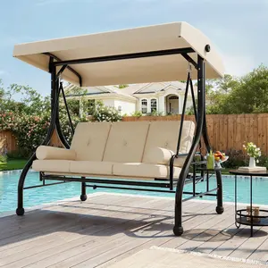 Outdoor Porch Swing with Adjustable Canopy, 3-Seat Patio Swing Chair with Stand, 800LBS Heavy Duty, Cup Holder Tray, Cushion & Pillows, for Garden Patio
