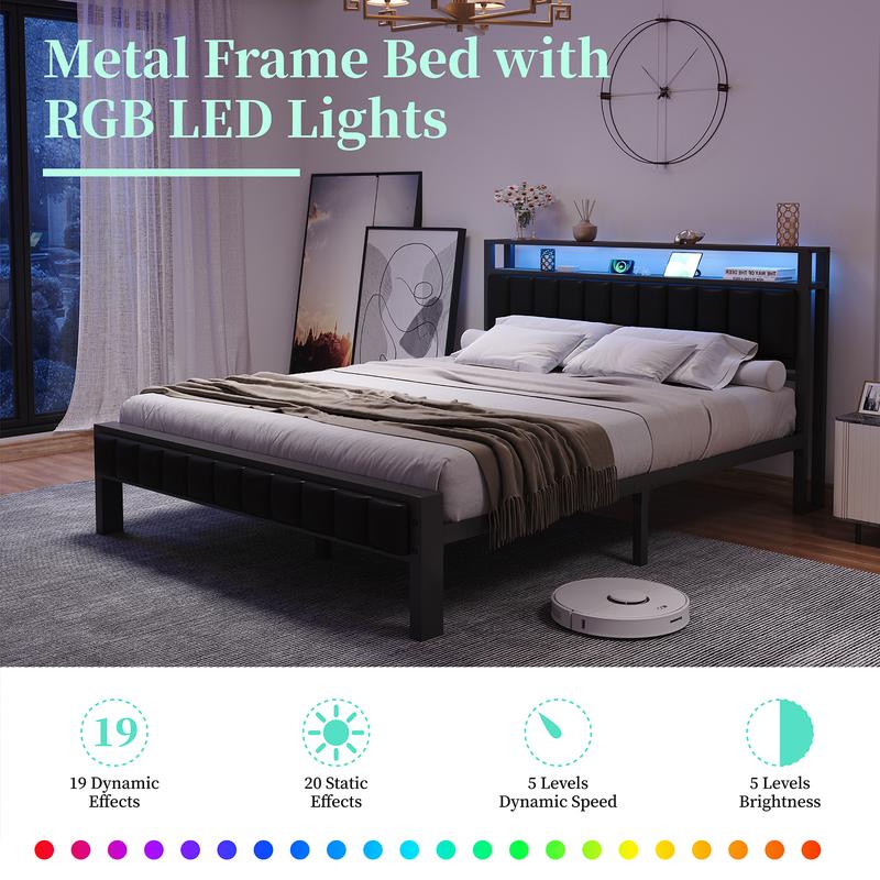 [Black Bed WITHOUT Foldable Ottoman] AMERLIFE TWO Different Bed Frames, Metal Bed with Foldable Ottoman, Velvet Upholstered Headboard/Metal Bed with PU Leather Headboard/ Both Including LED Lights, Charging Station,Storage Shelves/Christmas Gifts
