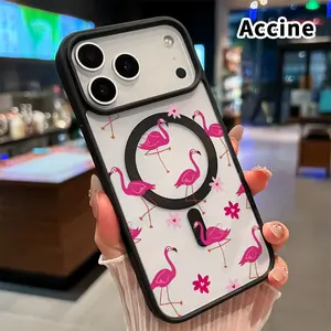 Magnetic Phone Case for iPhone 17 Pro Max 16 Plus 15 14 13 12 11 Air E Flamingo Floral Fantasy Pattern Acrylic Transparent Anti-Scratch wireless charging compatible Phone Back Cover