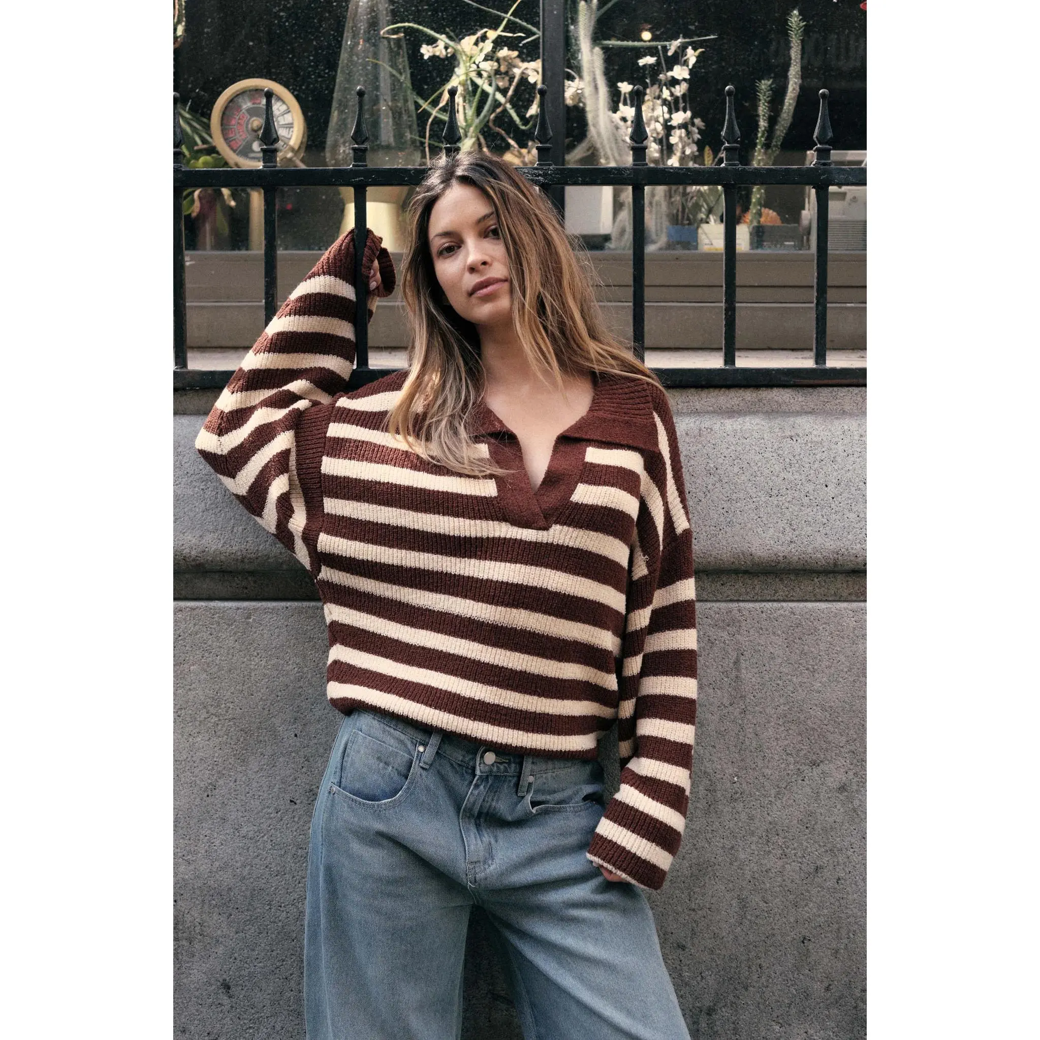 Promise the Label Striped Rib-Knit Collared Sweater