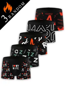Men's Boxer Briefs 3 Pack Random, Daily Briefs Set, I Love My Wife Heart Print & Street Graffiti Color Block, Casual Fitted Underwear for All Seasons