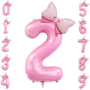 40 inch Number 2 Balloon with Bow Pink Happy Birthday Jumbo Number Balloon for Girls Daughter Birthday Decorations Party Supplies (Number 2)