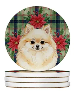 Carolines Treasures WDK8762RCS4 4 x 4 in. Cream Pomeranian Christmas Poinsettias Large Sandstone Coasters, Pack of 4
