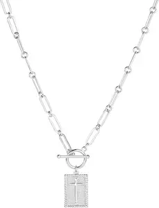 Paperclip Cross Pendant Necklace for Women Gold Toggle Clasp Rectangle Necklace Silver Paperclip Cross Chain Necklace Sparkly Faith Statement Charm Necklace Costume Prom Jewelry Accessories