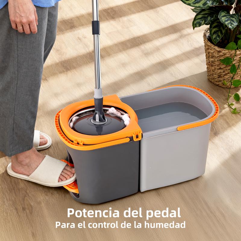 Spin Mop Bucket with Wringer Set, Operable 360 ° Rotating Mop Bucket Set, with 4 Microfiber Replacement Head ,Stainless Steel Mop Bucket  Adjustable Handle Household Cleaning Tools Black Plastic
