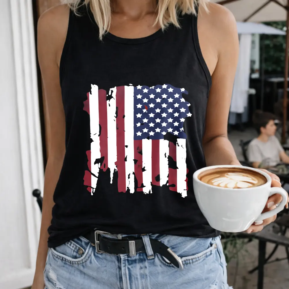 American Flag Distressed Design Women's T-Shirt Crew-neck Sleeveless Vest Outdoor Casual Short Sleeve