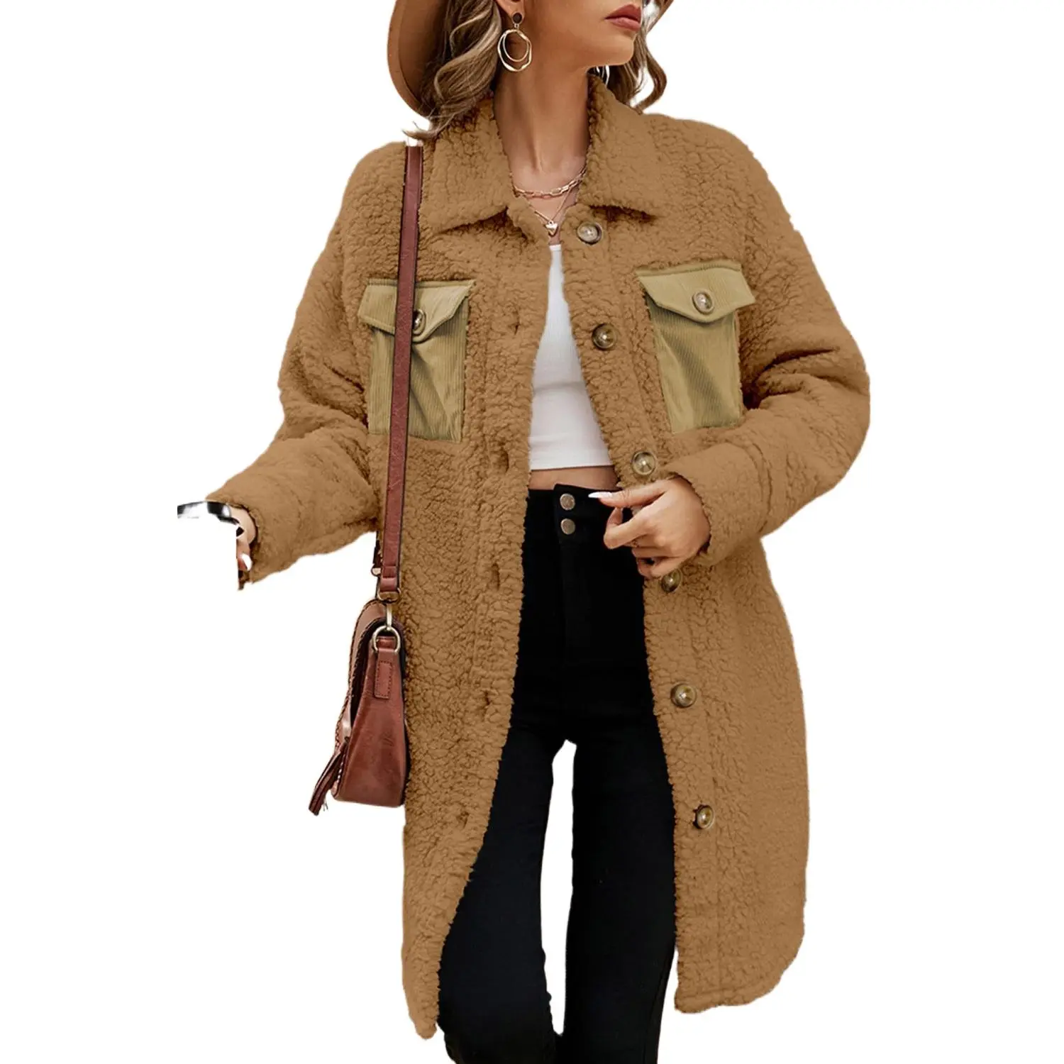 Women's Khaki Teddy Coat with Contrast Flap Pockets - Cozy Single Breasted Outerwear
