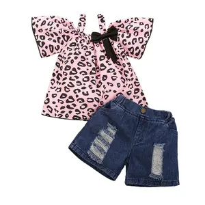 Girls Shorts Sets 2 Pieces Outfits Leopard Print Short Sleeve Off Shoulder T-Shirt Top + Ripped Denim Shorts with Pockets Cute Summer Clothes