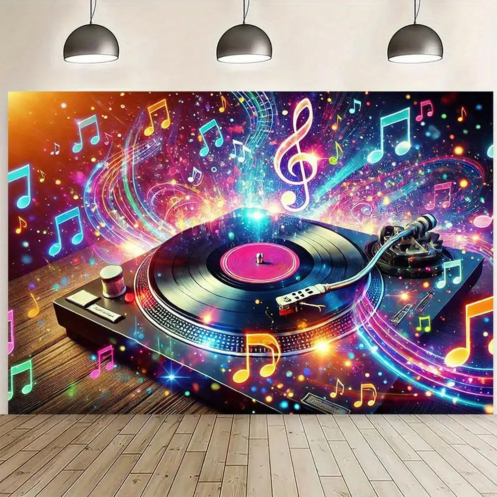 1pc Durable 1-Piece Hangable Polyester 2D Flat Vibrant DJ Turntable Backing Banner - Music Symbols Glam Look Party Decor, Indoor/Outdoor Wall Art, Ideal for Photography