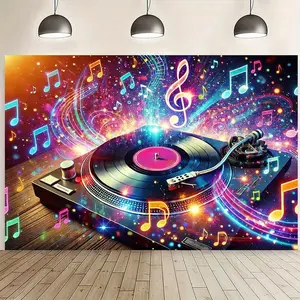 1pc Polyester 2D Flat Vibrant DJ Turntable Backing Banner - Colorful Music-Themed Wall Decor with Musical Symbols, Ideal for Photography, Indoor/Outdoor Parties, Polyester Textile Wall Art