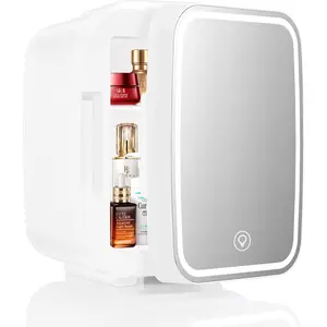 YASHE Mini Skincare Fridge with Dimmable LED Mirror, 4Liter Cooler & Warmer for Makeup, Cosmetics, Beauty, Food, and Small Refrigerators