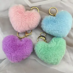 Fluffy Heart Keychain | Soft Faux Fur Pom Pom Bag Charm | Cute Pastel Plush Keyring for Purse