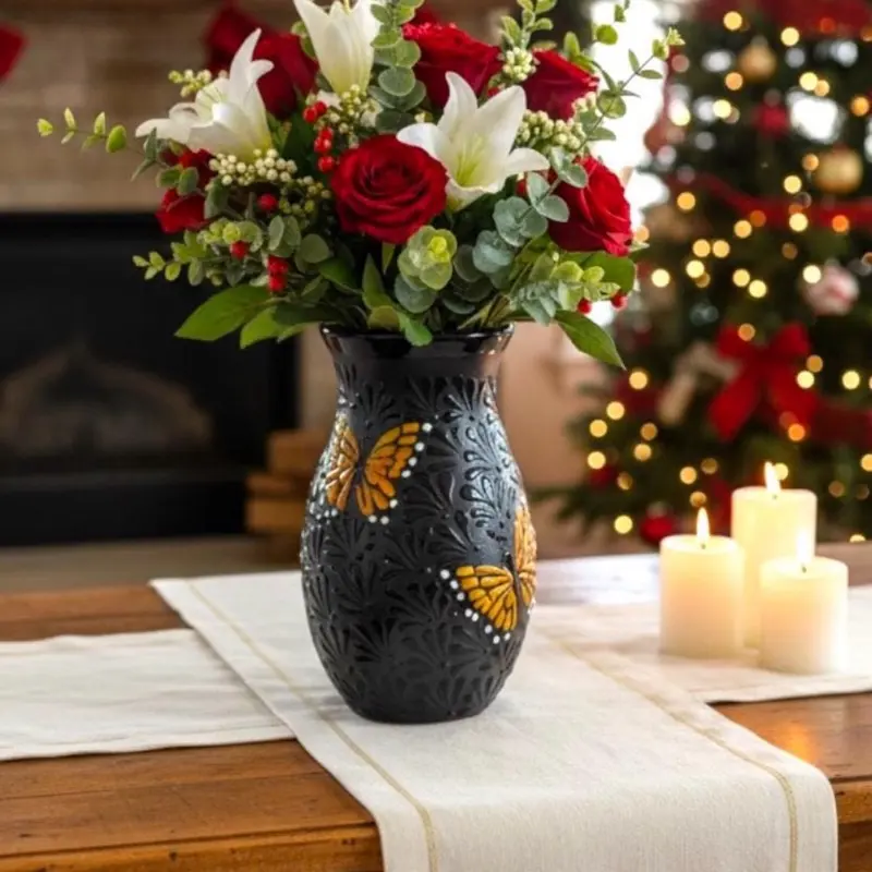 Black Butterfly Print Decorative Vase, Home Decor Accessory, Flower Arrangement Vase for Room Decor, Living Room Decorations