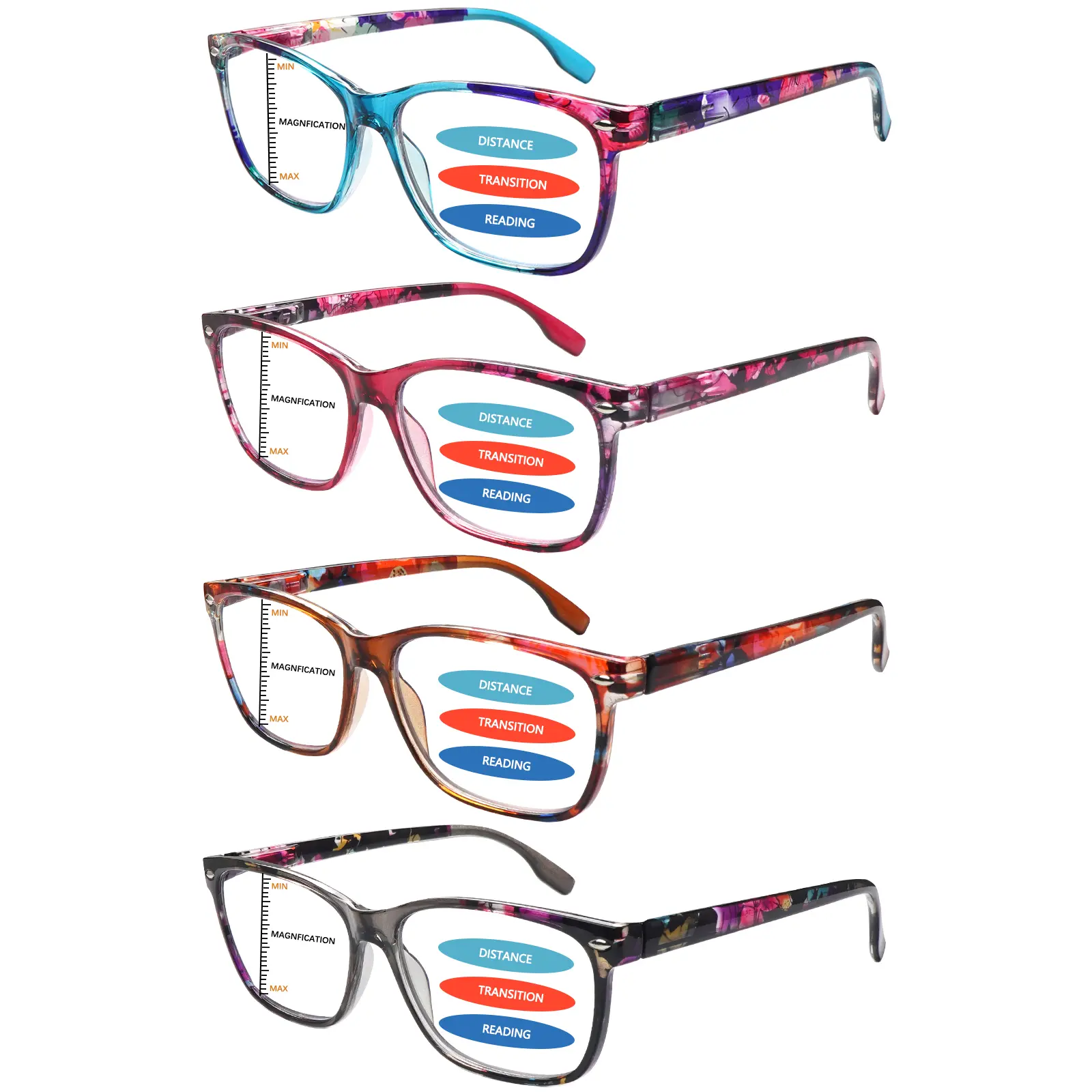 Women's 4-Pack Multi-Pack Progressive Multifocal Blue Light Blocking Reading Glasses - Classic Printed Pattern Frames, 3-Level Adjustable Vision, Spring Hinges for Versatile Face Shapes - Ideal for Daily Commuting, Reading, Holiday Gifting