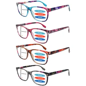 4-Pack Women's Progressive Multifocal Blue Light Blocking Reading Glasses Classic printed pattern frames Three-level adjustable vision Spring hinges for versatile face shapes Essential for daily commuting, reading, and office work Perfect as holiday gifts