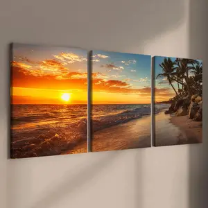 Wooden Framed Canvas Painting, 3 Counts/set Seaside Landscape Sunset Poster, Natural Landscape Decorative Painting, Modern Art for Home Living Room Bedroom Office, Wooden Wall Art