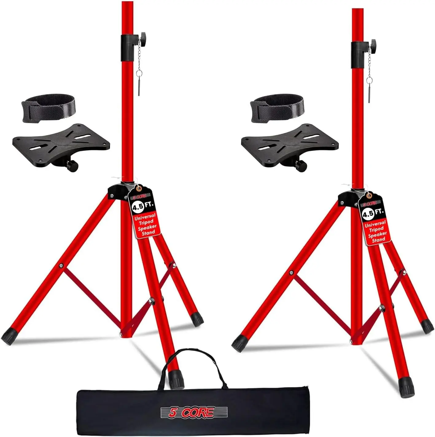 5 Core Steel Durable Foldable Portable Heavy-Duty Adjustable Speaker Stand Tripod Pair, 35mm Universal Mount, Telescoping Height up to 54in, Carry Bag, Red - SS HD 2 PK 4.5FT RED WB (for PA DJ Stage Use)