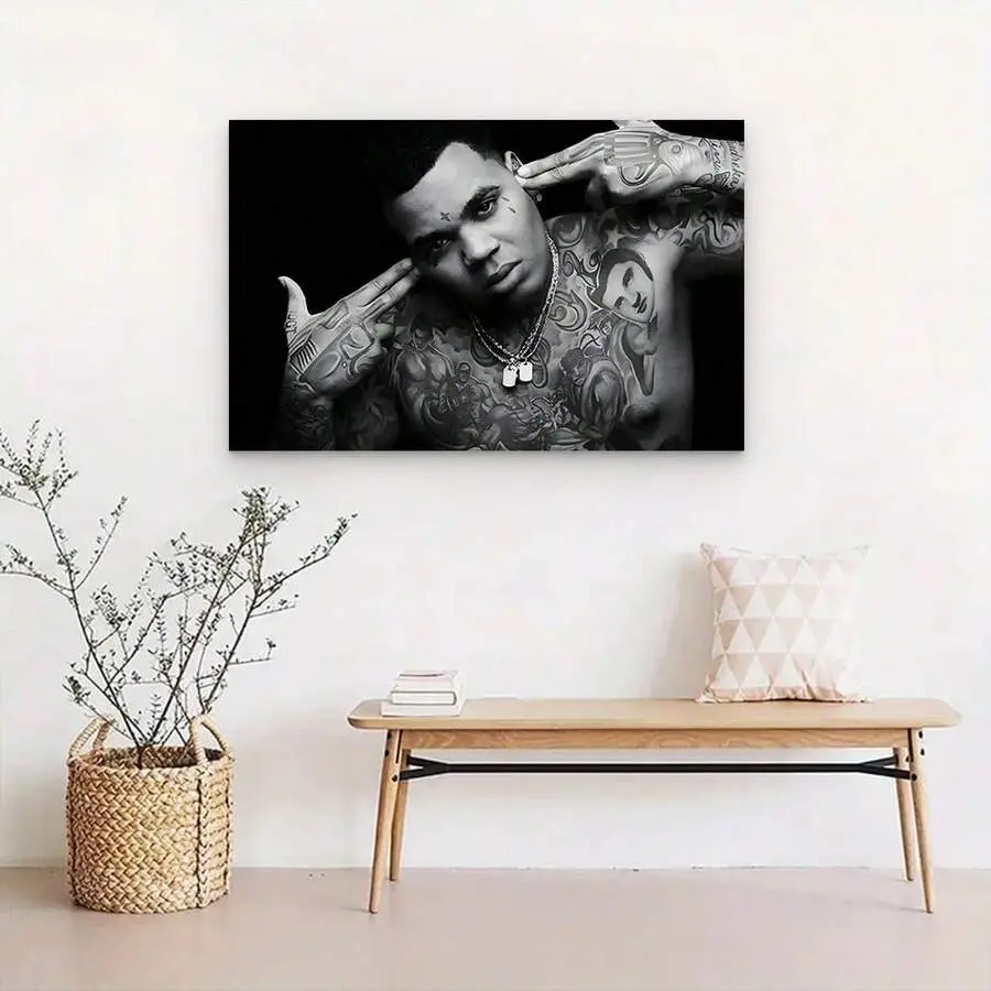Kevin Gates Black & White Artistic Tattoo Portrait Canvas Wall Art - Lightweight Hip Hop Rapper Print, Man Cave Decor, Bedroom Home Decor, Unframed or Framed Options, Ideal Gift