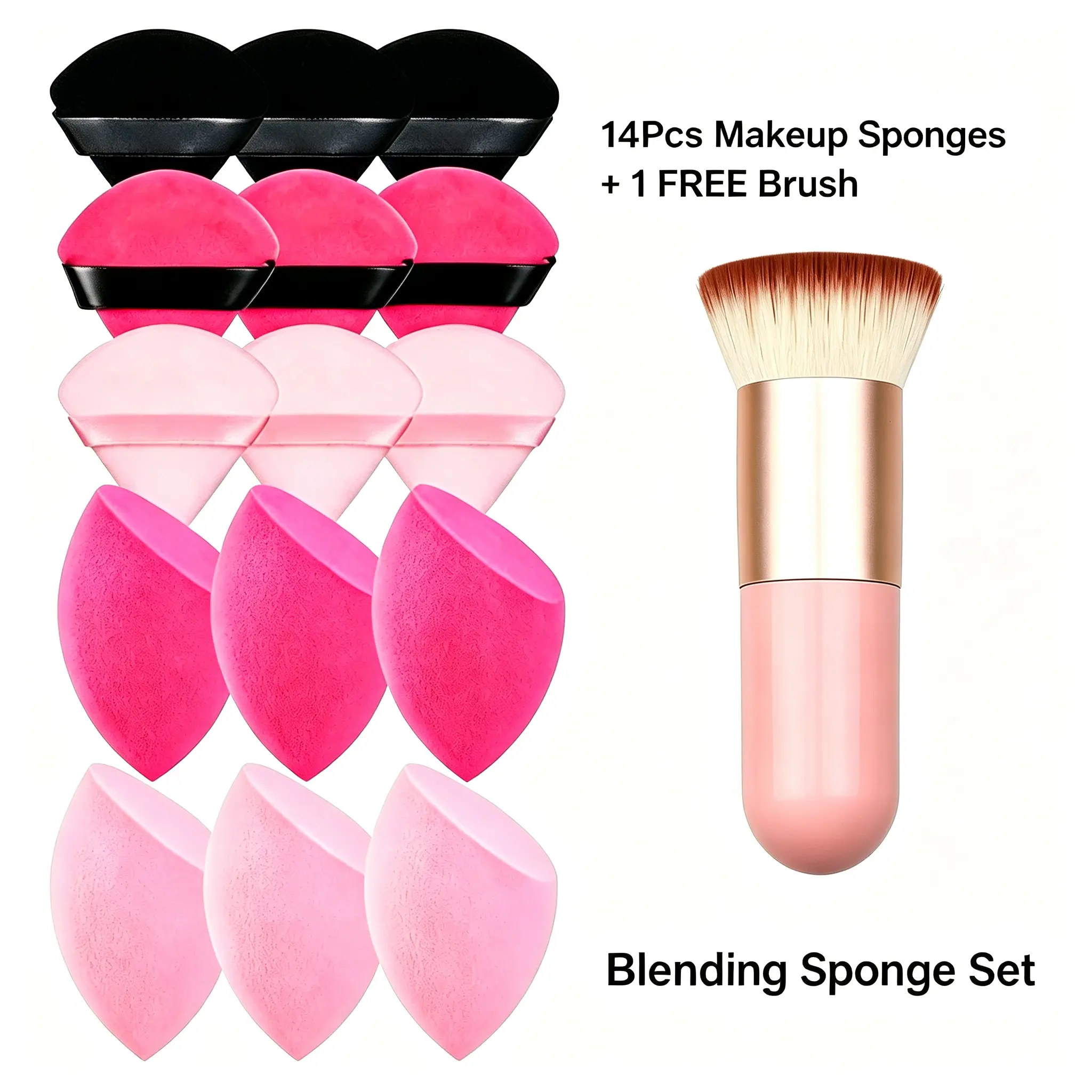 HAOSKYR 14 Pcs Makeup Sponge Set with 1 Free Flat Top Foundation Brush, Soft Beauty Sponges & Triangle Powder Puffs, Reusable Washable Makeup Tool Kit for Liquid Cream Powder Blending
