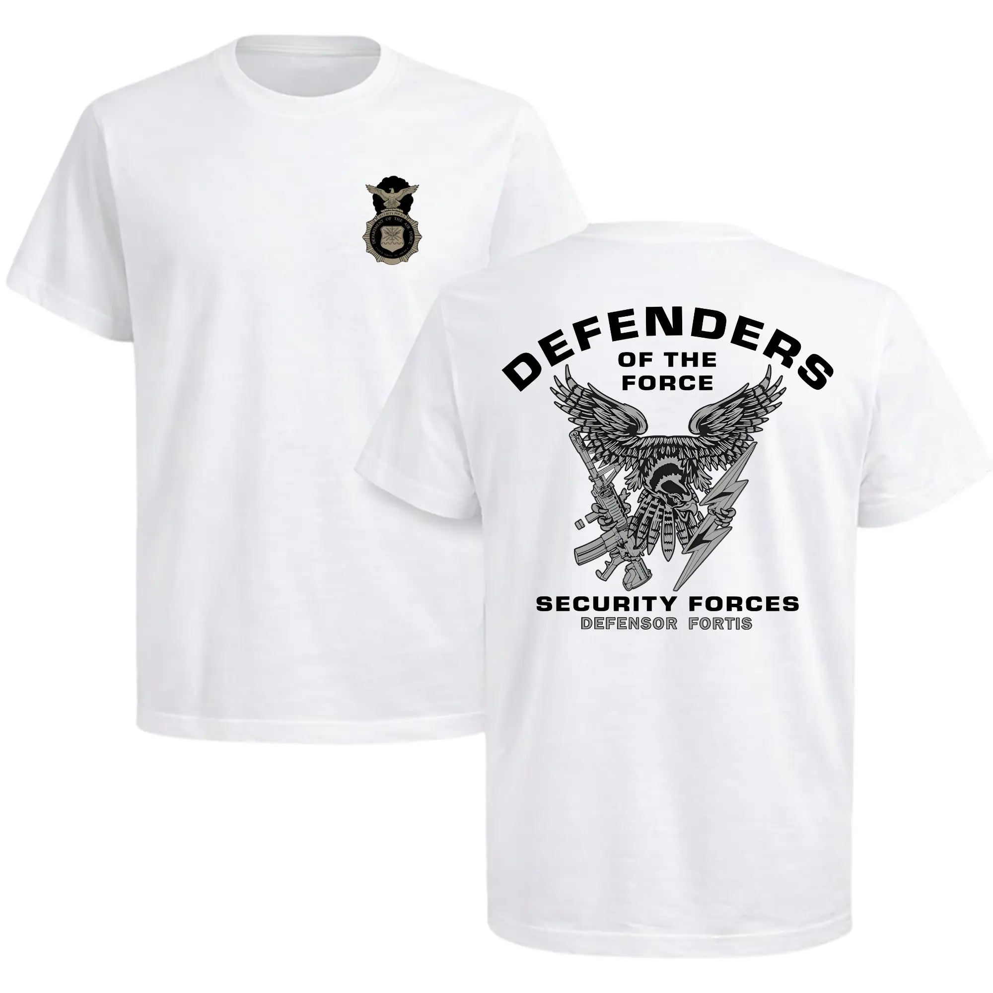 Defenders Of The Force Security Forces T-Shirt Two Side, Vintage Streetwear Military Tee, Soft Cotton Blend Shirt, USAF Defender Fortis Eagle Graphic Apparel For Men & Women, Gift For Veterans & Law Enforcement