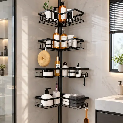Corner Shower Caddy Tension Pole, Rust-Resistant Stainless Steel 4-Tier Shower Organizer, No-Drill Floor-to-Ceiling Bathroom Storage Rack with Soap Holders & Hooks, Space-Saving Bathtub Shampoo Organizer, Black