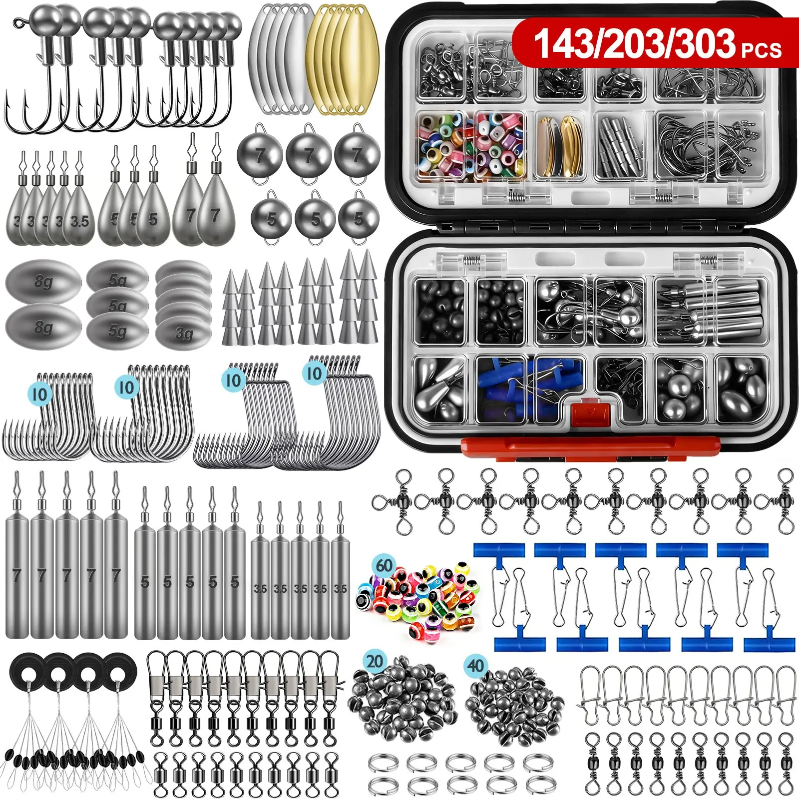 143/203/303 Piece Fishing Gear Accessories Kit, Includes Fishing Box, Hooks, Lures, Weights, Rings, Suitable for Bass, Trout, Salmon, Fishing Tackle Kit, Fishing Gear Supplies, Fishing Equipment