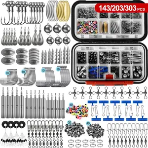 143/203/303 Piece Fishing Gear Accessories Kit, Includes Fishing Box, Hooks, Lures, Weights, Rings, Suitable for Bass, Trout, Salmon