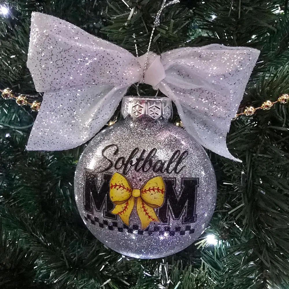 Glitter Softball Mom Ornament with Sparkling Bow and Textured Design for Tree Decoration