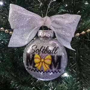 Glitter Softball Mom Ornament with Sparkling Bow and Textured Design for Tree Decoration