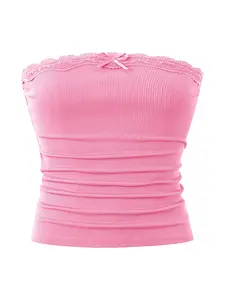 Women's Plain Ribbed Lace Trim Crop Tube Top, Casual Strapless Cropped Top for Summer, Fashion Women's Top for Daily Wear