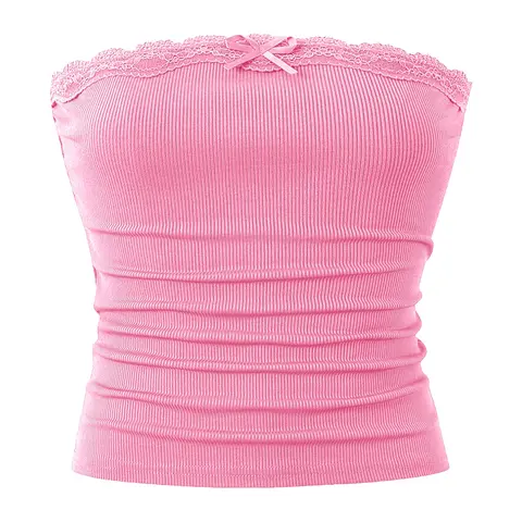 Women's Plain Ribbed Lace Trim Crop Tube Top, Bandeau Top, Cute Casual Strapless Sleeveless Cropped Top for Summer, Fashion Women's Top for Daily Wear, Bandeau Cropped Tops
