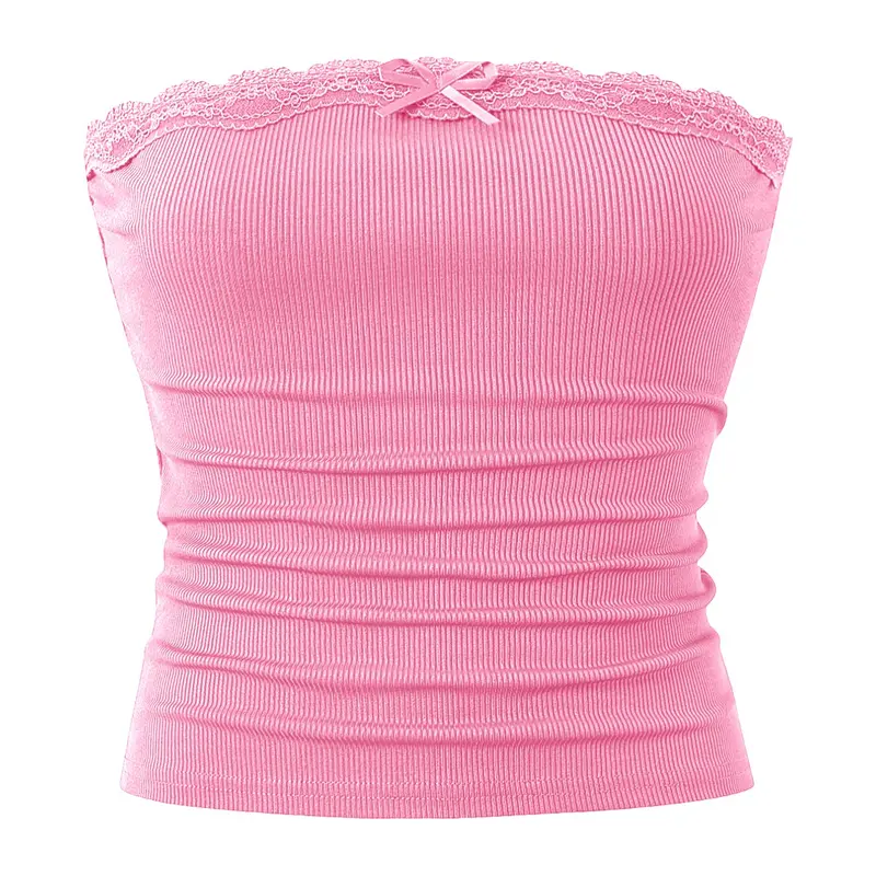 Women's Plain Ribbed Lace Trim Crop Tube Top, Bandeau Top, Cute Casual Strapless Sleeveless Cropped Top for Summer, Fashion Women's Top for Daily Wear, Bandeau Cropped Tops