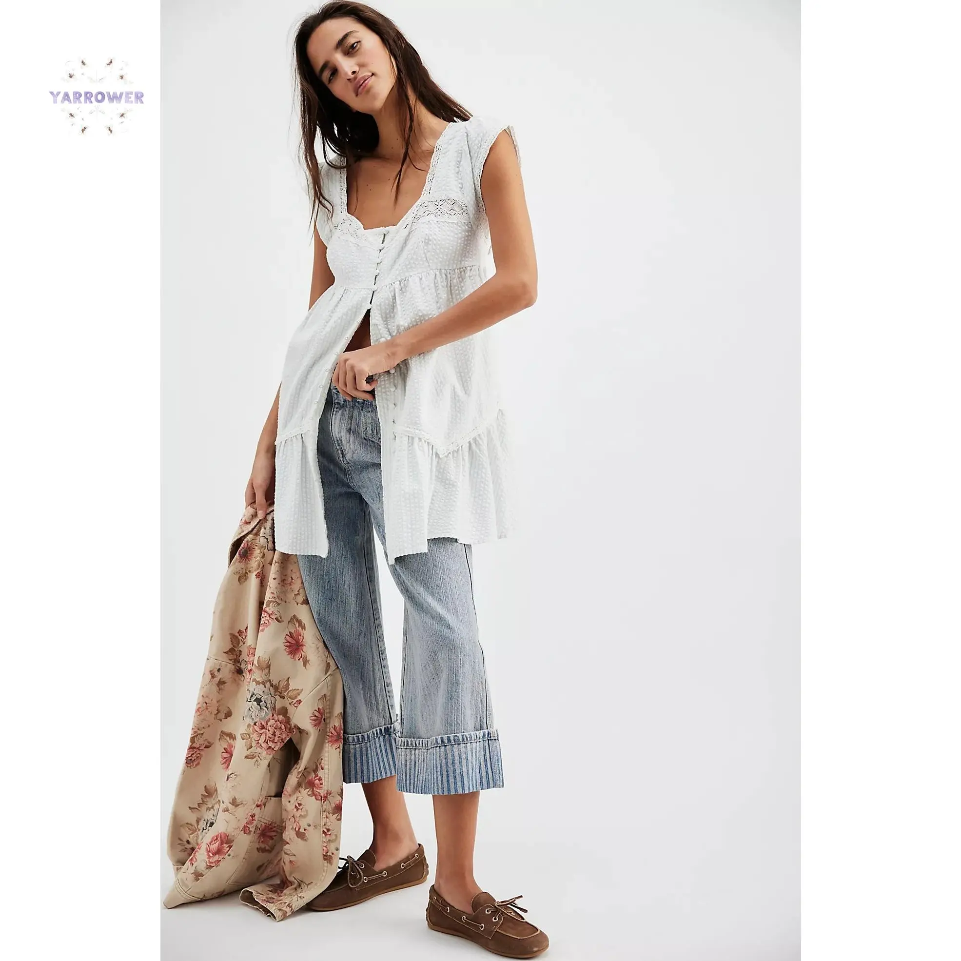 Women's Loose Short-Length Casual Summer Dress - Square Neck, Light Polyester Fabric, Breezy Short Sleeves, Front Buttons, Solid or Floral Print