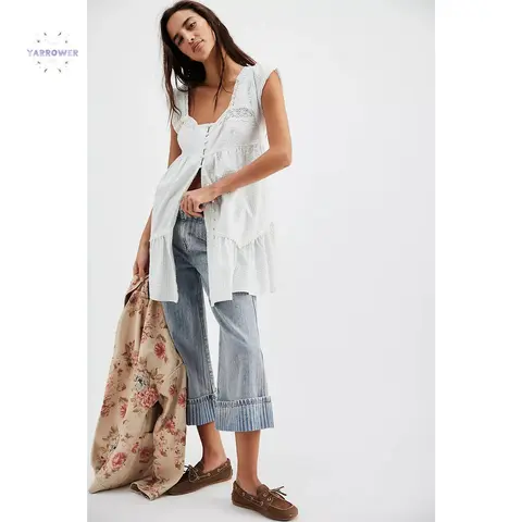 Women's Casual Sundresses - Square Neck, Loose Fit, Light Polyester Fabric, Breezy Short Sleeves, Button Front, Solid/Ditsy Floral Print, Airflow Design, Holiday Womenswear Casual Dresses