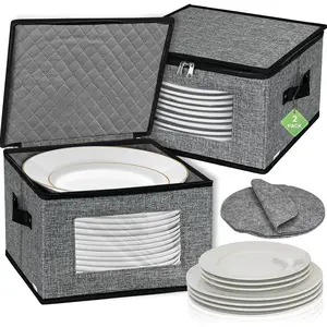 China Storage Containers, 12 Inch Dish Dinner Plate Storage Containers, Hard Shell Quilted Dinnerware Storage Box Case with Lids and Felt Protectors for Dishes Plates Storage and Moving (Dark Grey)