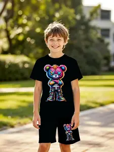 Boys' Rainbow Teddy Bear Printed 3D Summer Short Sleeve Shorts Set, Fashion Outdoor Sports, Casual Set, Birthday Gift, Holiday Present