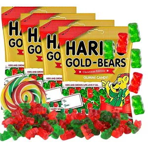 Needzo 2024 fruit gummy bears, Christmas themed. Red, white, and green gummies, 4 ounces each, 4-pack.