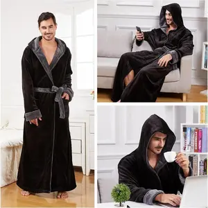 Mens Robes Big and Tall with Hood Two-Tone Flannel Fleece Contrast Bathrobe Full Length Plush Long Robe House Coat(Top Sets)