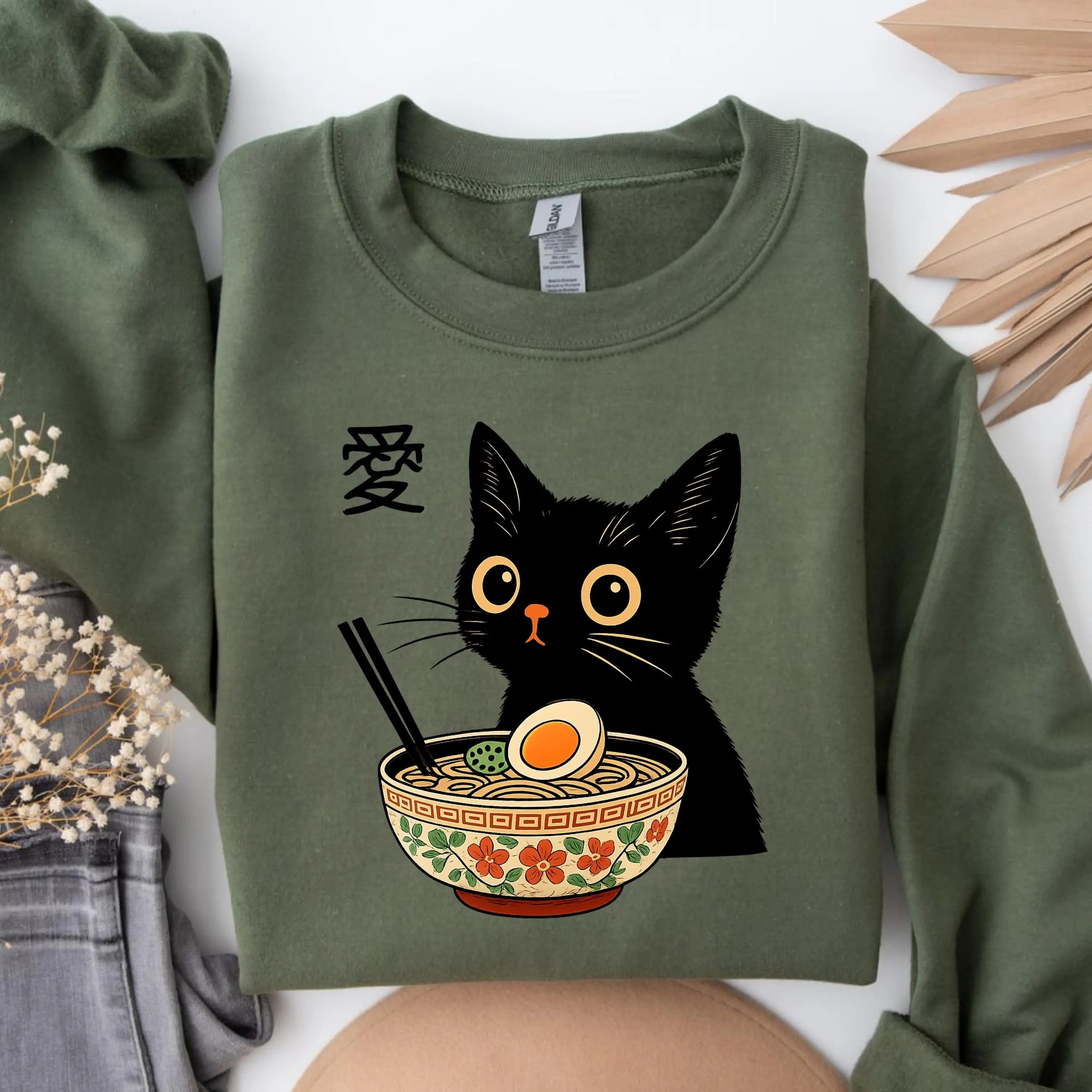 Kawaii Black Cat Ramen Sweatshirt, Cute Anime Aesthetic Hoodie, Japanese Love Kanji Foodie Gift Tee