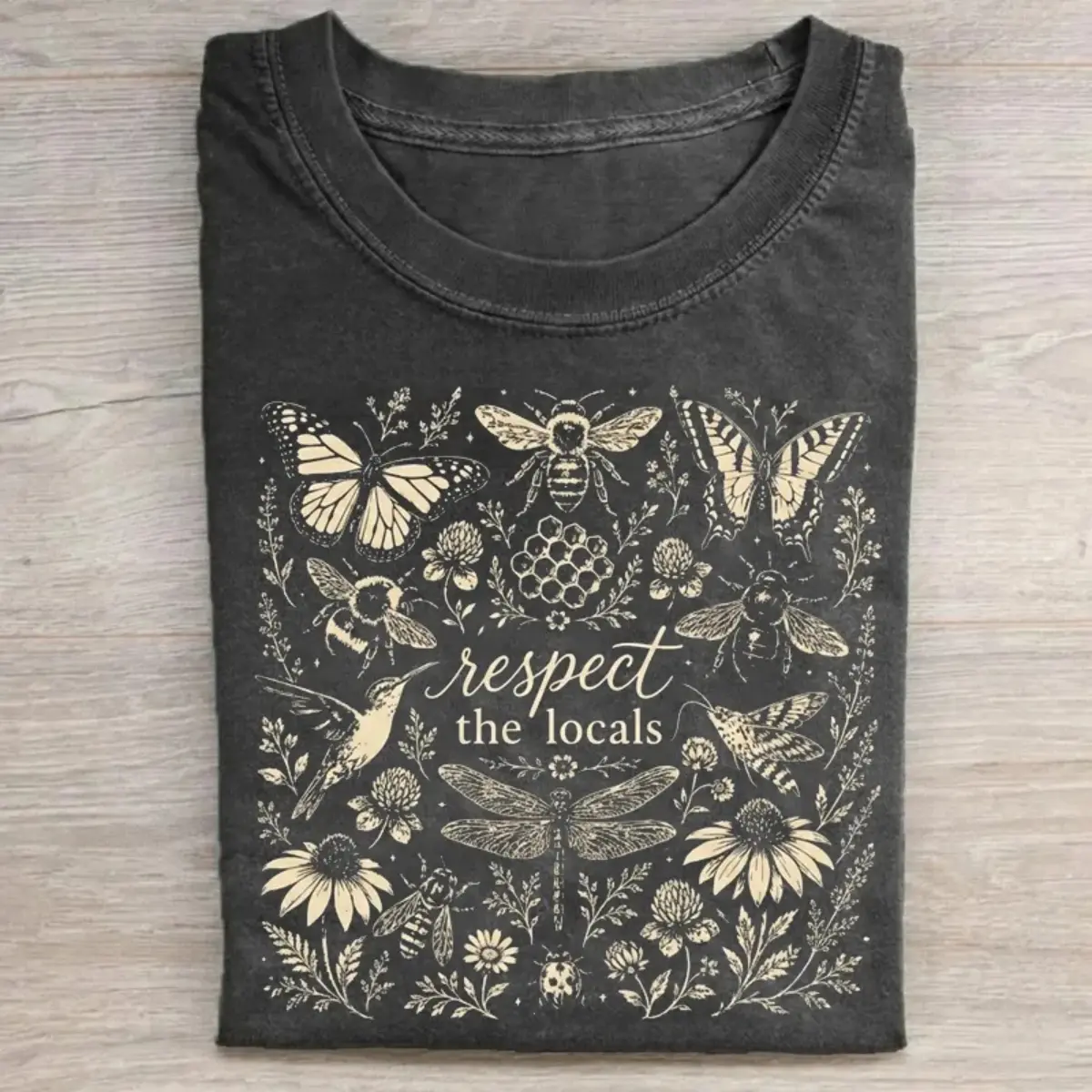 Comfort Colors Respect The Locals Shirt, Pollinator Garden Graphic Tee, Vintage Bee Butterfly Hummingbird T-Shirt, Nature Lover Shirt, Botanical Tee