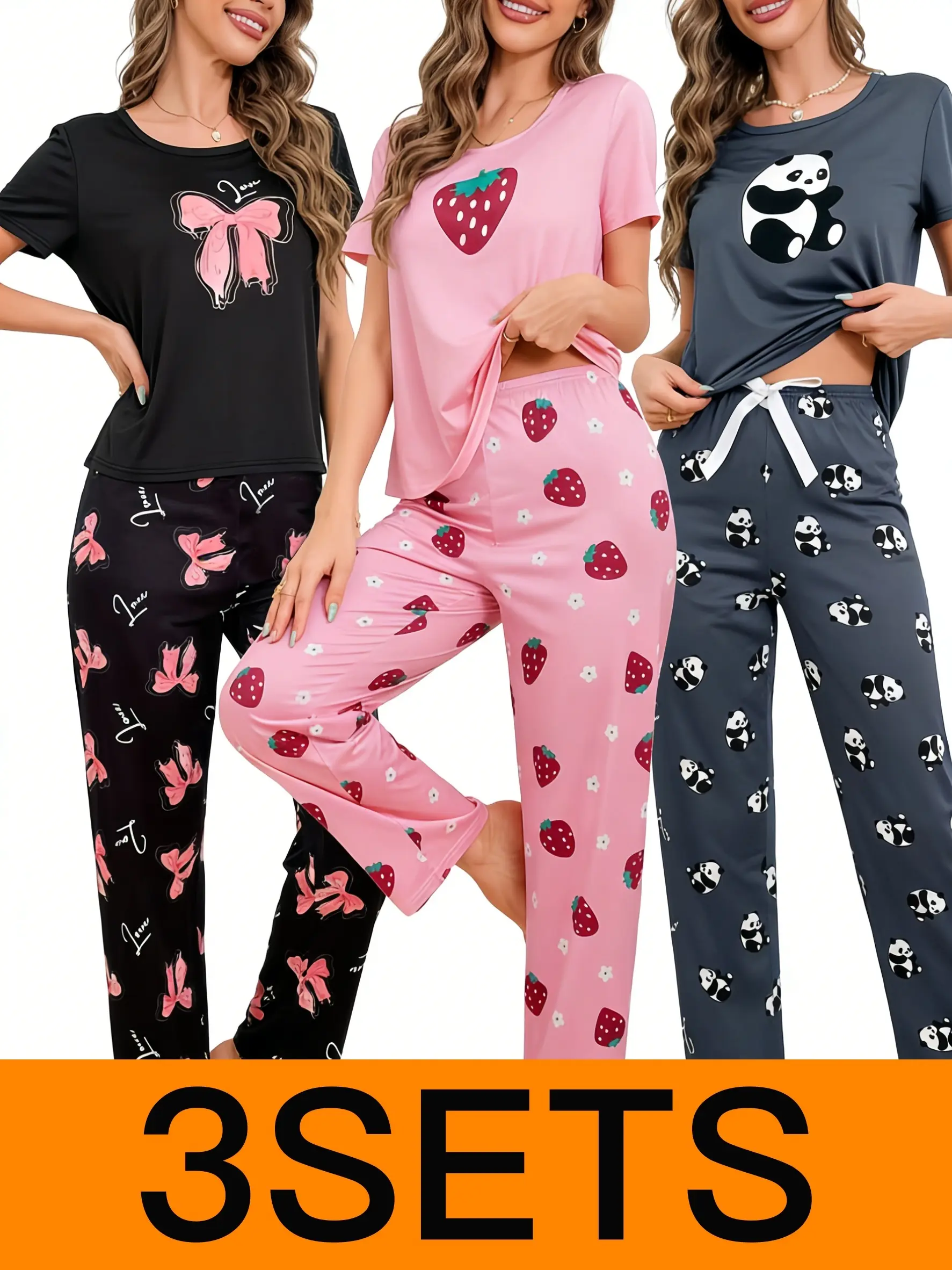 3-Pack Pajama Set, Strawberry Print Sleepwear, Panda Print Loungewear, Bow Graphic PJs, Women's Short Sleeve 2-Piece Set, Soft Casual Nightwear, Value Bundle Pajamas
