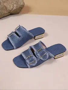 New Women's Fashion Versatile Double Buckle Square Heel Sandals Rubber Sole, Casual Comfortable Summer Daily Wear, Perfect for Everyday Use