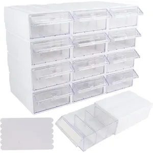 12 Pcs Drawer Stacking Storage Cabinet, 12 Pcs Plastic Drawers Storage Closet & 36 Pcs Clear Dividers Organizer Rack & 48 Pcs Tag Card & 24 Pcs Non-slip Stickers for Home Office School (12-Box-White)