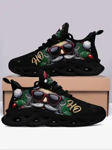 Men's Christmas Print Lace Up Front Sneakers, Casual Comfortable Sports Running Shoes, Male All-match Round Toe Shoes for Daily Wear