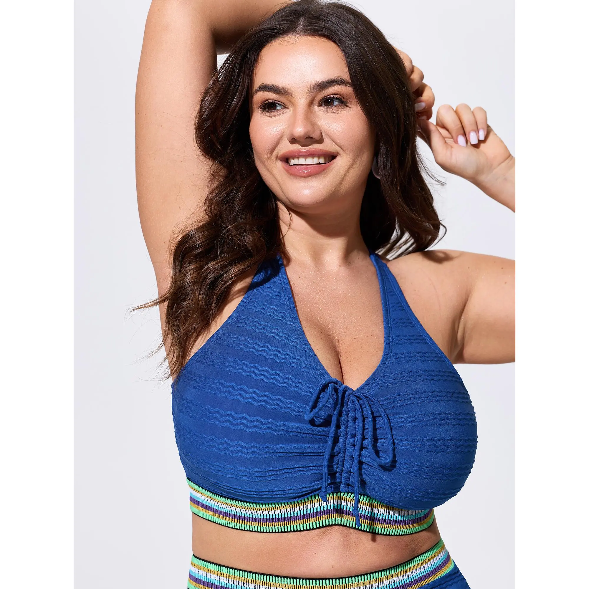 BloomChic Tankini Swimsuits for Women, Plus Size Solid Cable Knit Lace-Up Tankini Top, Padded Adjustable Swimwear